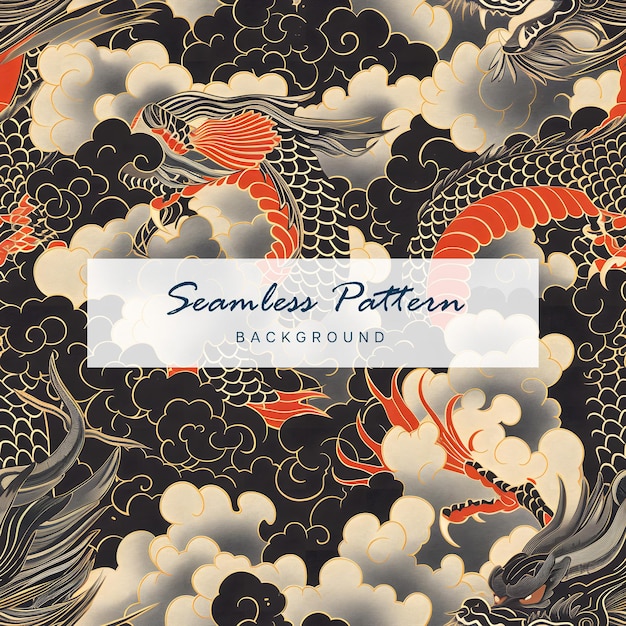 PSD seamless pattern of japanese ukiyoe hand drawing illustration of ancient fire dragon