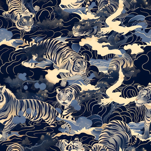 seamless pattern of Japanese ukiyoe hand drawing illustration of tigers in mysterious and misty