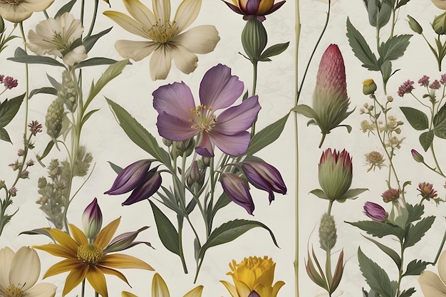 PSD a seamless pattern of victorian pressed flowers