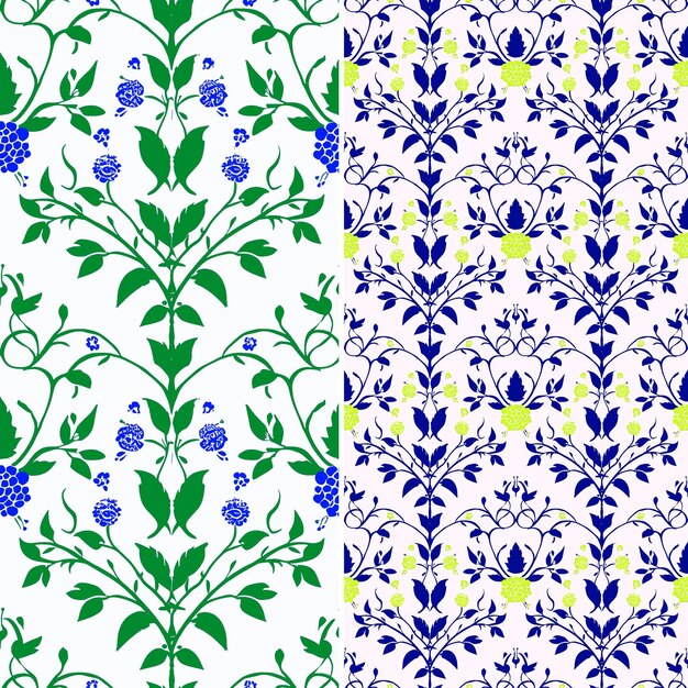 seamless pattern with blue flowers and green leaves on a white background