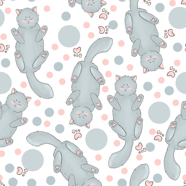 PSD seamless pattern with gray cats and confetti dots color illustration