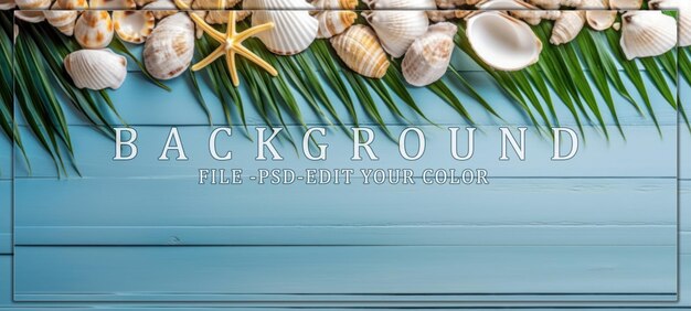 PSD seashells and palm leaf on blue wooden background