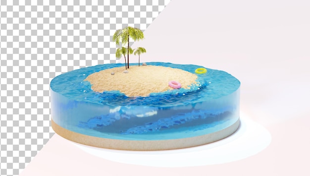 Section of water and an island with palm trees Piece of a round island in the ocean 3d render