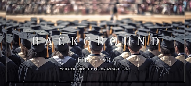 seen from behind of university graduate students wearing graduation gowns and caps