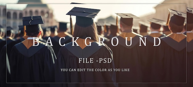 seen from behind of university graduate students wearing graduation gowns and caps