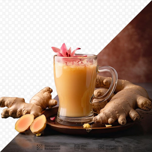 PSD selective focus on hot ginger tea in a glass cup with ginger root and red ginger powder isolated on a transparent background