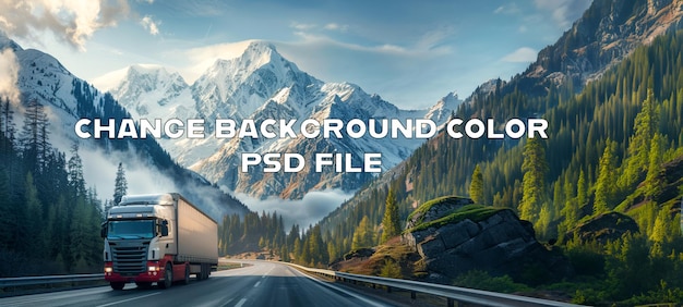 PSD semi truck driving on highway with majestic mountain background