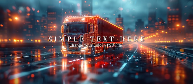 PSD semitruck driving through a futuristic city