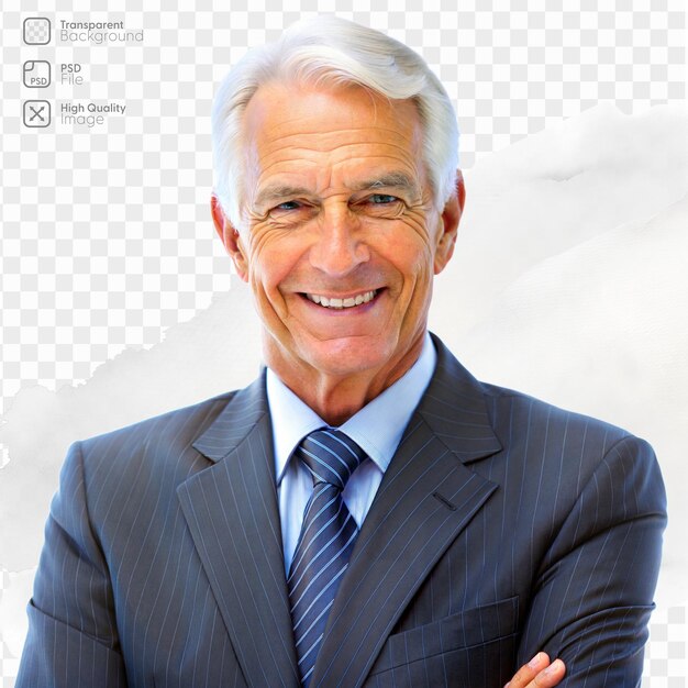 PSD a senior businessman in a gray suit folds his arms and smiles confidently