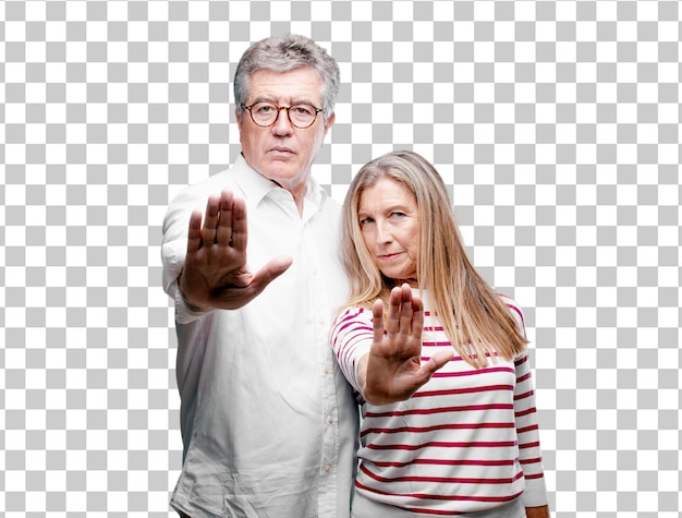 PSD senior cool husband and wife signaling stop with the palm of hand