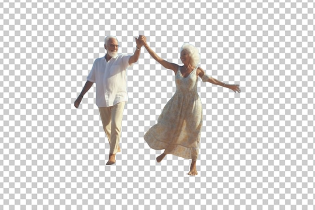 PSD senior couple dance on beach retired family travel in vacations high quality realistic image