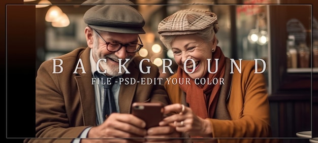 PSD senior couple laughing at a smartphone