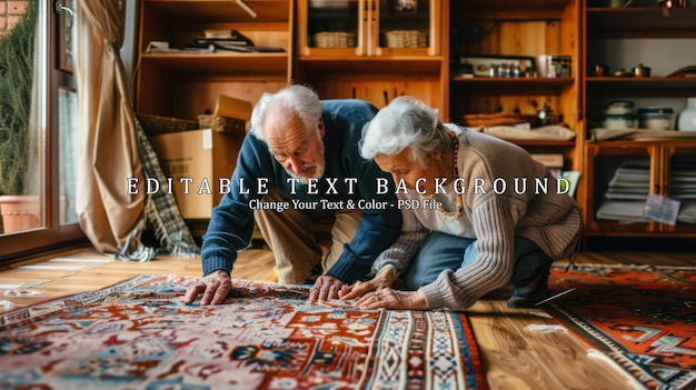 PSD senior couple unpacking and arranging a new rug in their home