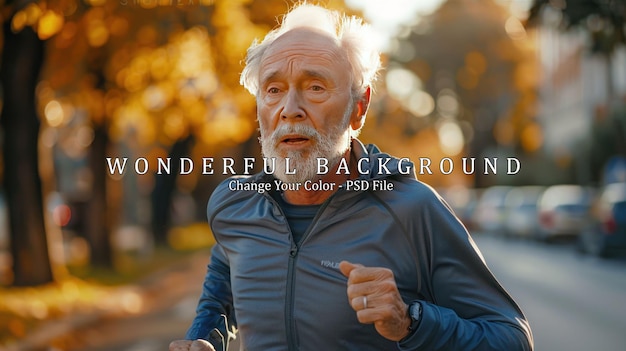 PSD senior man jogging through autumn park