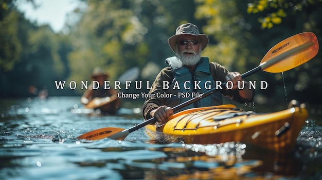 PSD senior man kayaking through calm waters