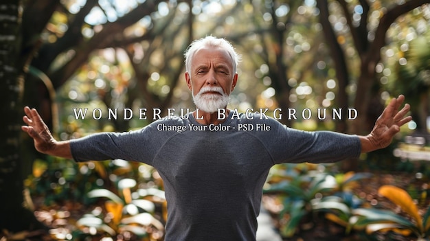 PSD senior man practicing yoga in nature enjoying peaceful and serene surroundings concept of wellness health mindfulness and fitness in older age