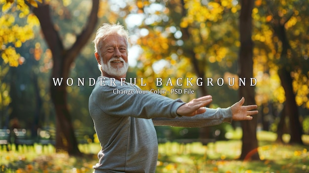 PSD senior man stretching in the autumn park