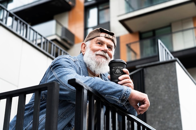 Senior man with mock-up coffee cup