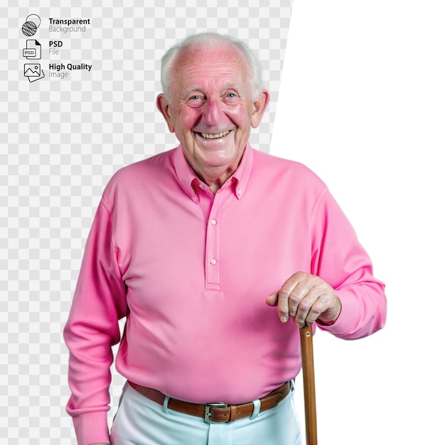 Senior Man With Pink Shirt and Cane Smiles for Camera