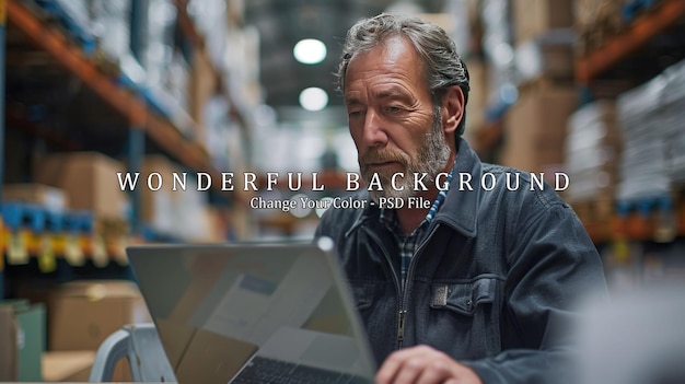 PSD senior man working on laptop in a warehouse