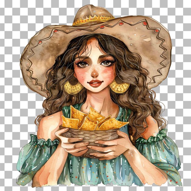 senorita full body wearing a wide brimmed hat is holding tortilla chips mexican theme