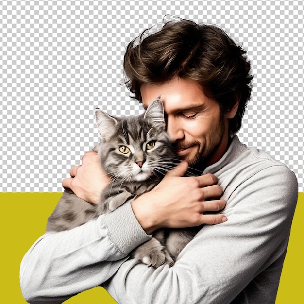 PSD sensual male caught in a tender hug with a cat overflowing with affection against a plain png background