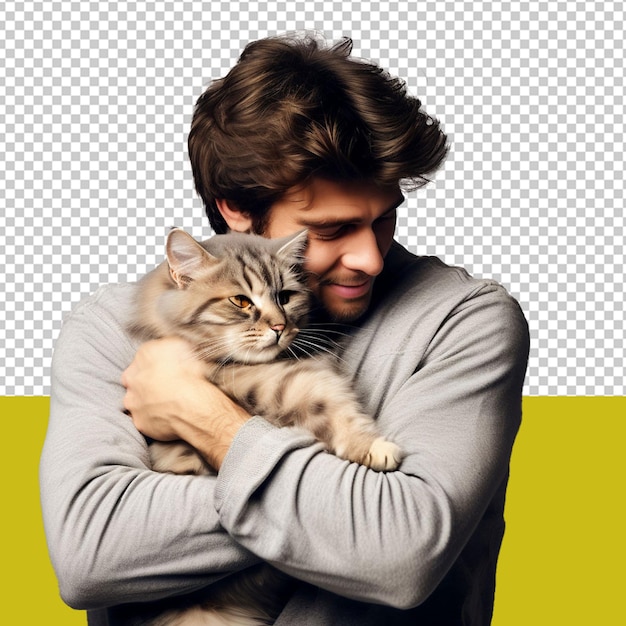 Sensual Male Caught in a Tender Hug with a Cat Overflowing with Affection Against a Plain PNG Background