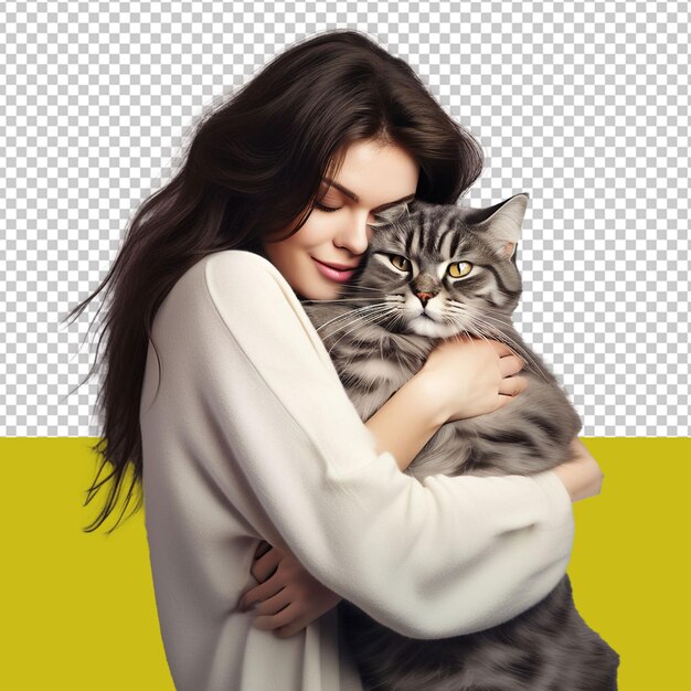 PSD sensual male caught in a tender hug with a cat overflowing with affection against a plain png background