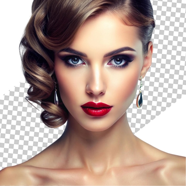 PSD sensual portrait of beautiful woman model lady with fresh daily makeup with red lips and clean healthy skin face