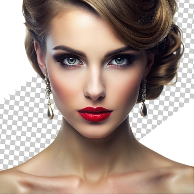 PSD sensual portrait of beautiful woman model lady with fresh daily makeup with red lips and clean healthy skin face