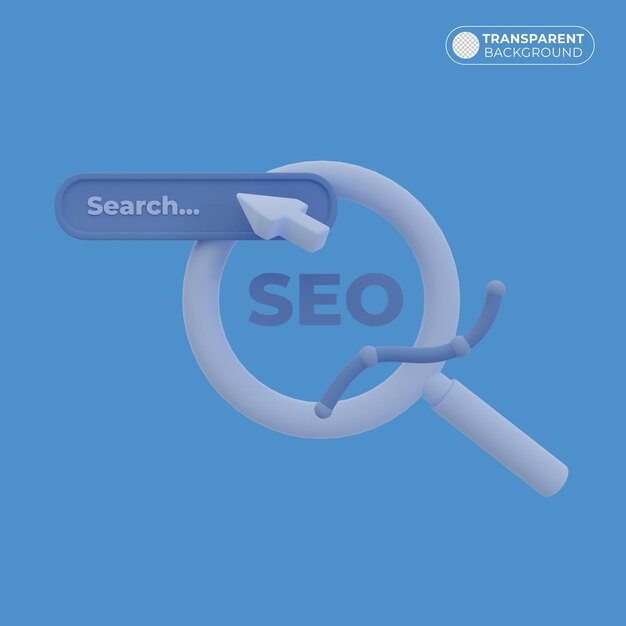 PSD seo illustration flat concept with blue magnifying glass in 3d render