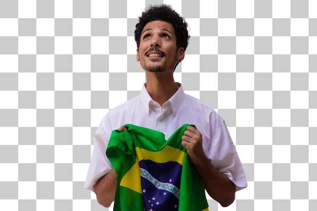 September seven Brazil Independence Day Black man holds Brazilian flag isolated