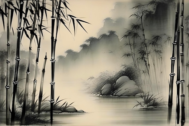 PSD serene bamboo forest chinese painting