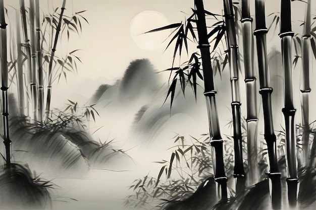 PSD serene bamboo forest chinese painting