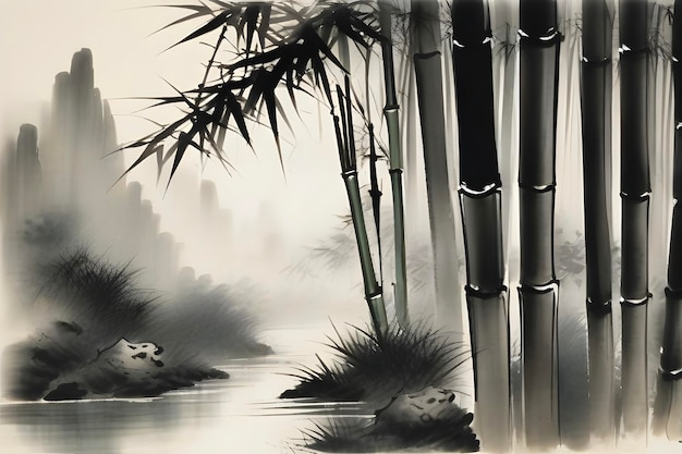 PSD serene bamboo forest chinese paintingserene bamboo forest chinese painting