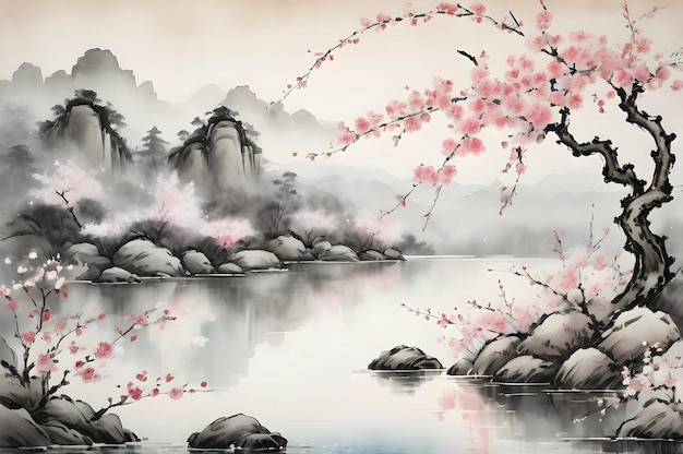 PSD serene cherry blossoms reflect on tranquil lake