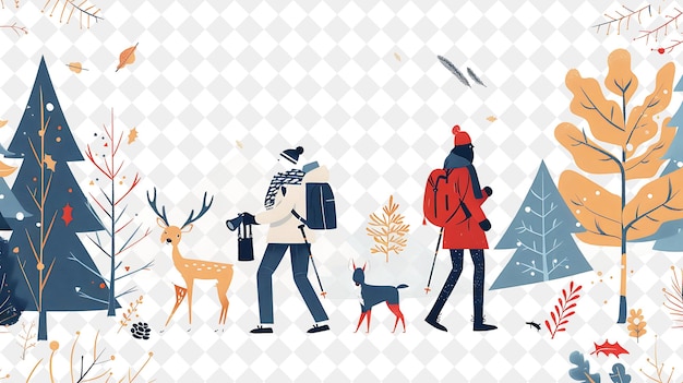 PSD serene christmas nature walk with hikers and animals design illustration christmas art design