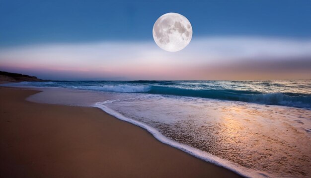 PSD a serene evening beach with a full moon and gentle waves