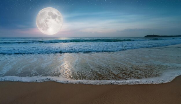 PSD a serene evening beach with a full moon and gentle waves