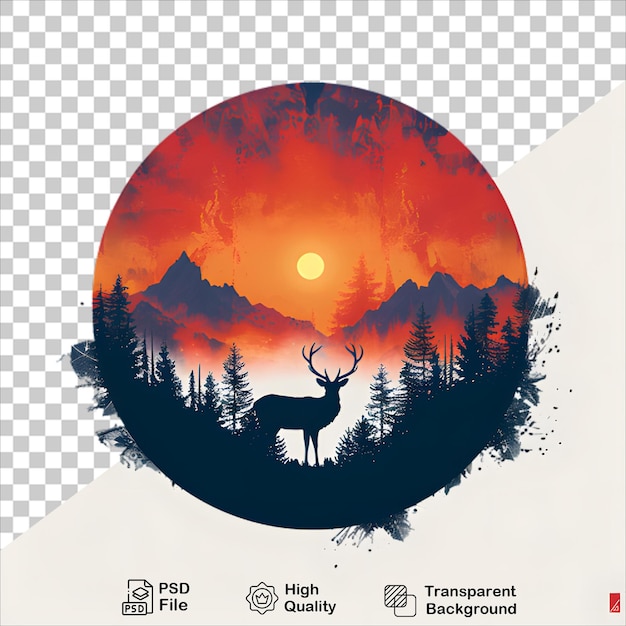 PSD serene forest sunset with deer illustration for tshirt