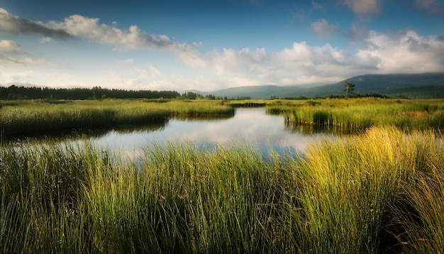 PSD a serene marshland with tall grasses and calm waters