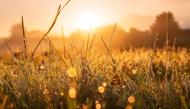 PSD a serene meadow at sunrise with soft golden light and dewdrops on the grass