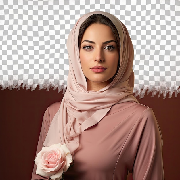 Serene Midwife Middle Eastern Woman Wavy Hair Serious Expression Head Tilt Pastel Rose Background