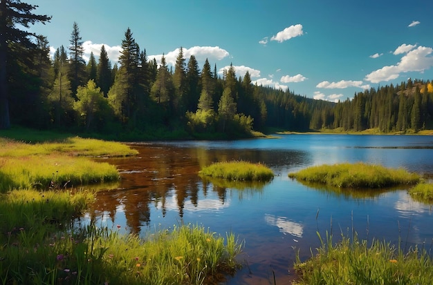 PSD serene mountain lake surrounded by wildflower meadow