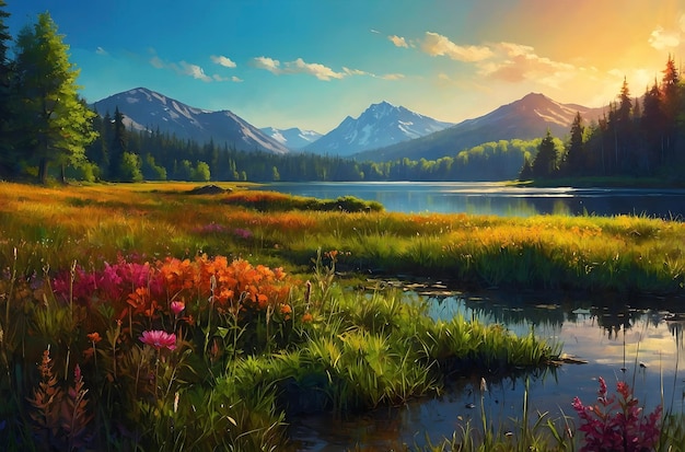 Serene Mountain Lake Surrounded by Wildflower Meadow