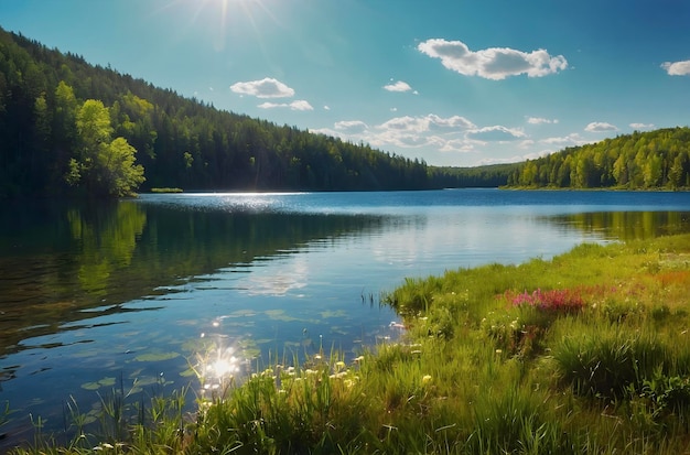 PSD serene mountain lake surrounded by wildflower meadow