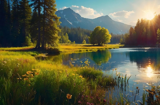 Serene Mountain Lake Surrounded by Wildflower Meadow