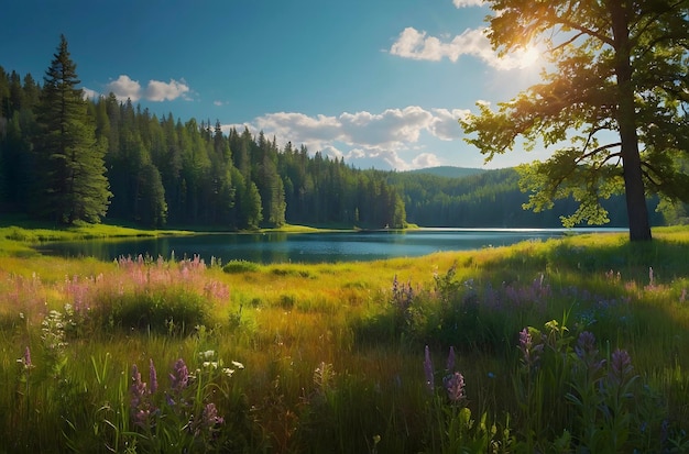 PSD serene mountain lake surrounded by wildflower meadow