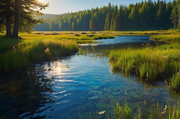 PSD serene mountain lake surrounded by wildflower meadow