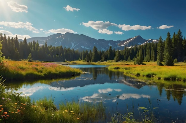 Serene Mountain Lake Surrounded by Wildflower Meadow